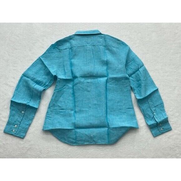 UNTUCKit Blush Button Down Shirt Long Sleeve Collared 100% Linen Aqua Size 6 NEW - Picture 2 of 6